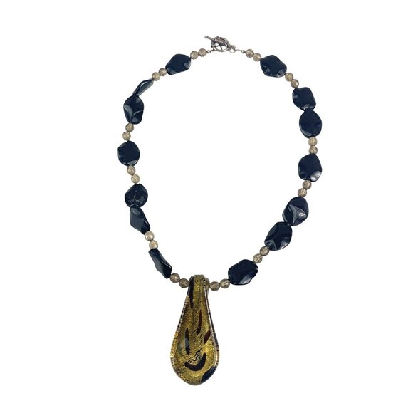 Murano Style Art Glass Pendant Necklace Black Beads Gold Foil Chunky Statement - Picture 3 of 6